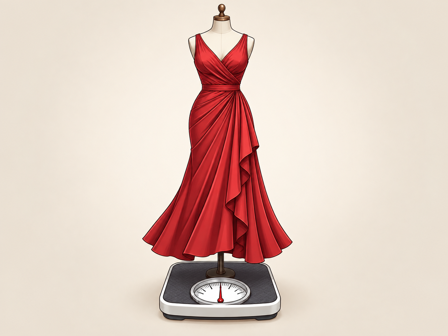 Red dress displayed on a mannequin standing on a scale