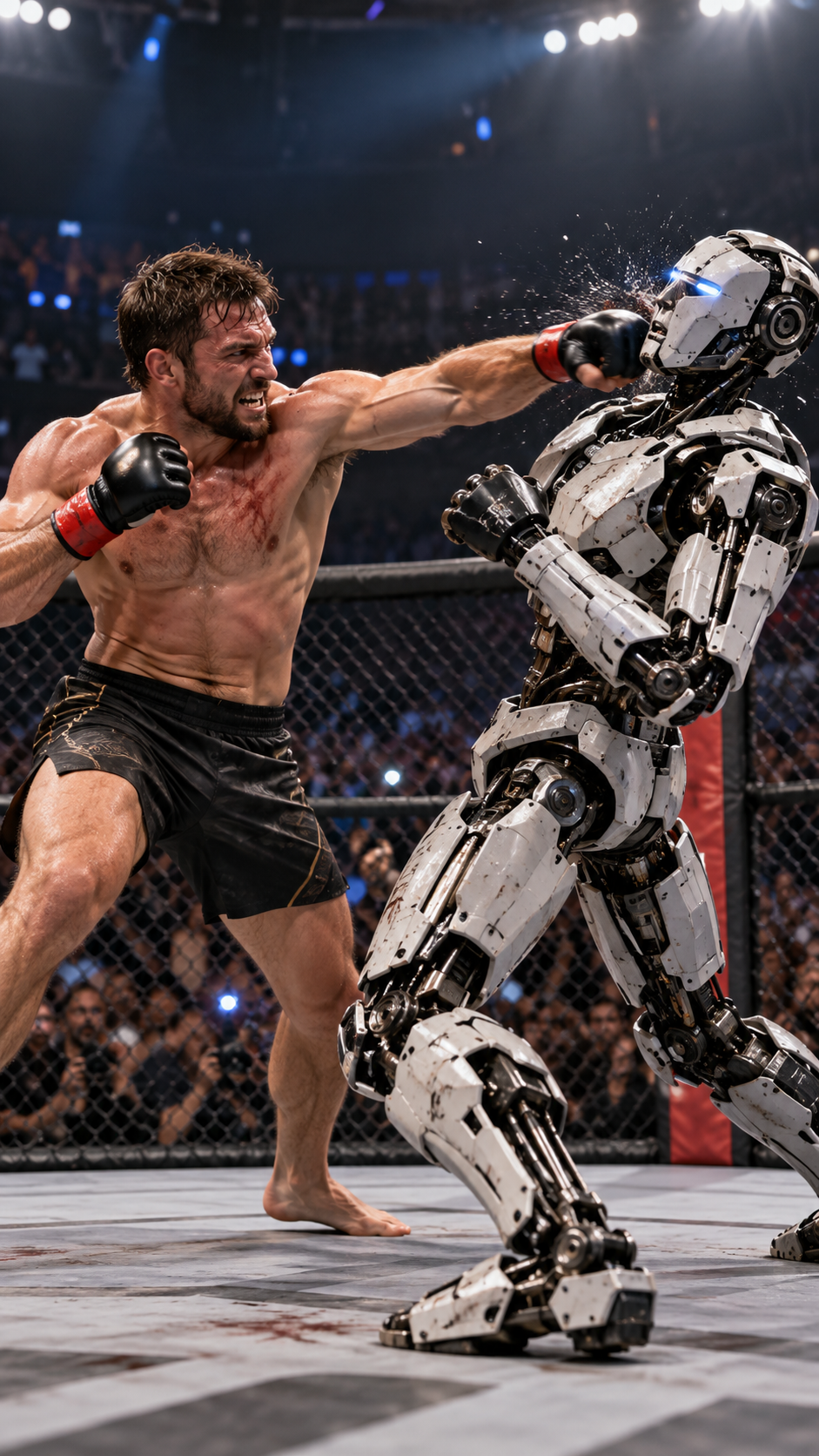 Human fighter facing a robot in a fighting cage